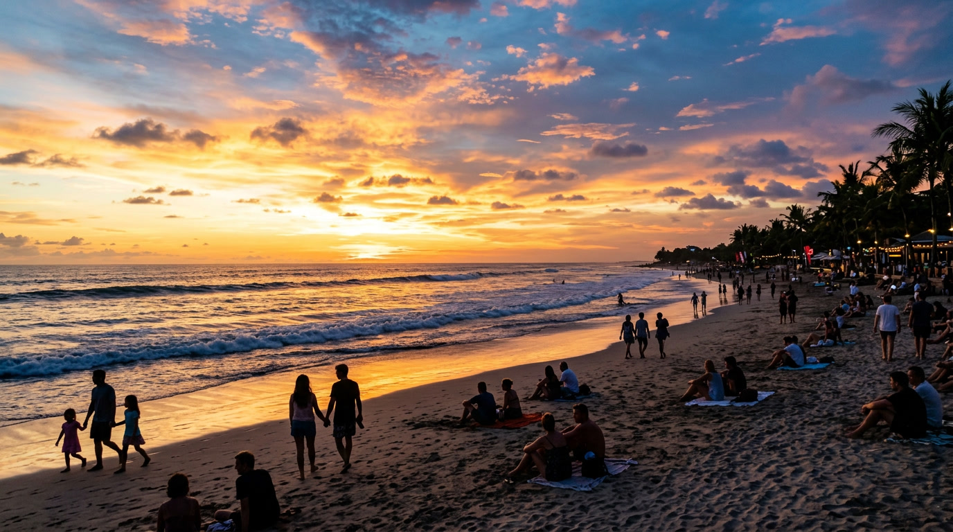 pantai kuta bali, sunset bali, wisata pantai indonesia, destinasi favorit turis, wisata bali